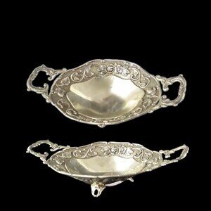 Set of 2 Vintage Silver Plated Floral Footed Oblong Double Handle Trinket Dishes